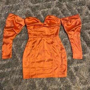 Orange Puff Sleeve Corset Satin Dress